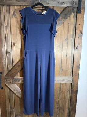 Michael Kors Navy Mesh Yoke Wide-Leg Jumpsuit